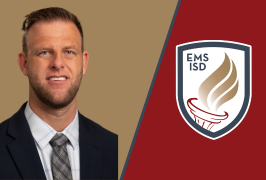  A man over a gold background, blue backslash, red background, EMS ISD logo